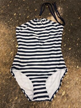 Michael Kors Navy & White Striped Halter One-Piece Swimsuit